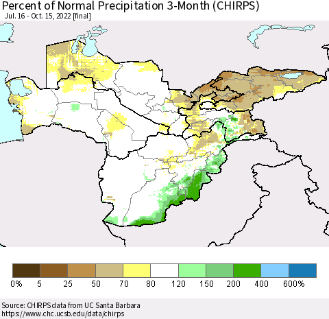 Central Asia Percent of Normal Precipitation 3-Month (CHIRPS) Thematic Map For 7/16/2022 - 10/15/2022