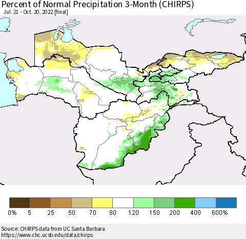 Central Asia Percent of Normal Precipitation 3-Month (CHIRPS) Thematic Map For 7/21/2022 - 10/20/2022