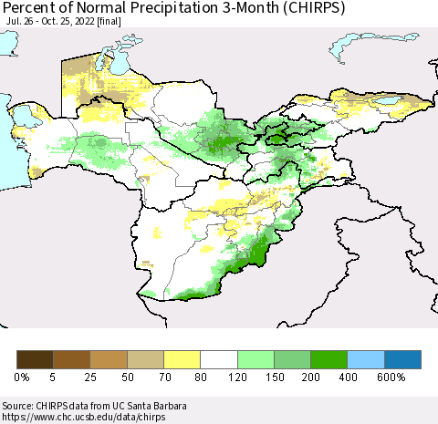 Central Asia Percent of Normal Precipitation 3-Month (CHIRPS) Thematic Map For 7/26/2022 - 10/25/2022
