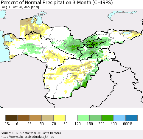 Central Asia Percent of Normal Precipitation 3-Month (CHIRPS) Thematic Map For 8/1/2022 - 10/31/2022