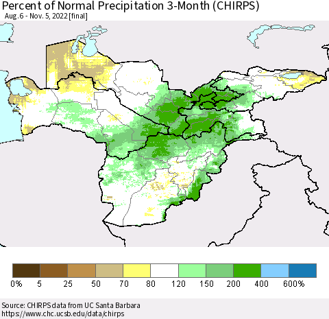 Central Asia Percent of Normal Precipitation 3-Month (CHIRPS) Thematic Map For 8/6/2022 - 11/5/2022