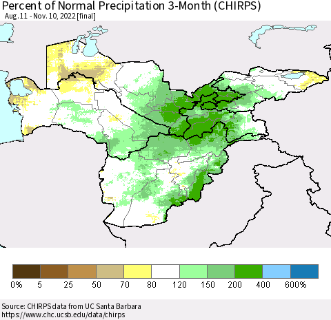 Central Asia Percent of Normal Precipitation 3-Month (CHIRPS) Thematic Map For 8/11/2022 - 11/10/2022