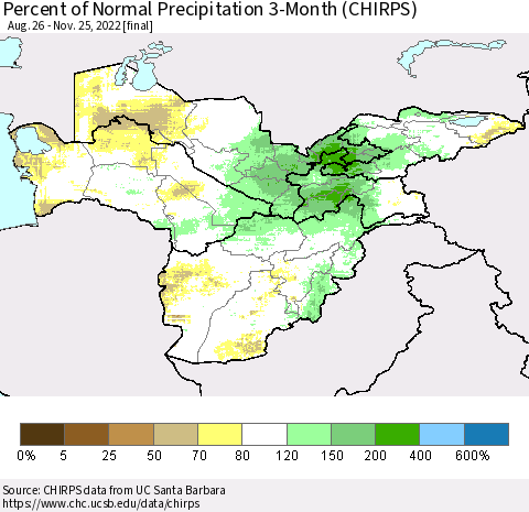 Central Asia Percent of Normal Precipitation 3-Month (CHIRPS) Thematic Map For 8/26/2022 - 11/25/2022