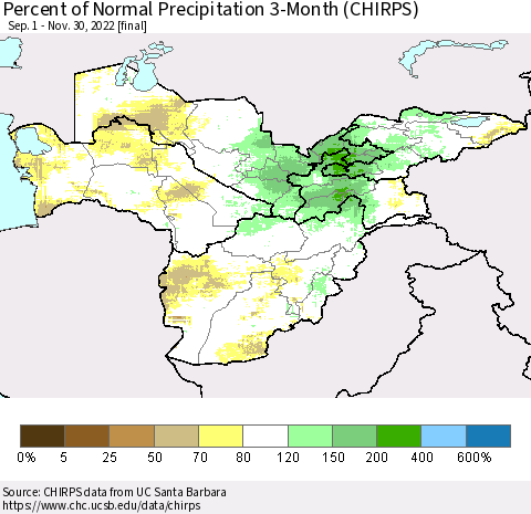 Central Asia Percent of Normal Precipitation 3-Month (CHIRPS) Thematic Map For 9/1/2022 - 11/30/2022