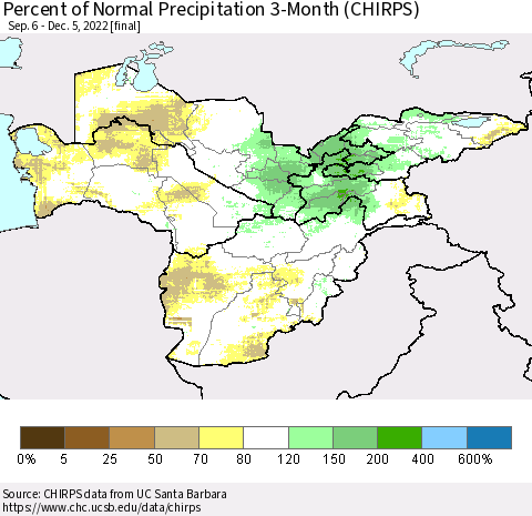 Central Asia Percent of Normal Precipitation 3-Month (CHIRPS) Thematic Map For 9/6/2022 - 12/5/2022