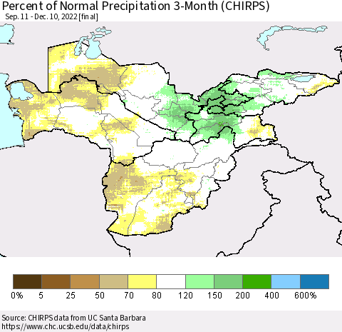 Central Asia Percent of Normal Precipitation 3-Month (CHIRPS) Thematic Map For 9/11/2022 - 12/10/2022