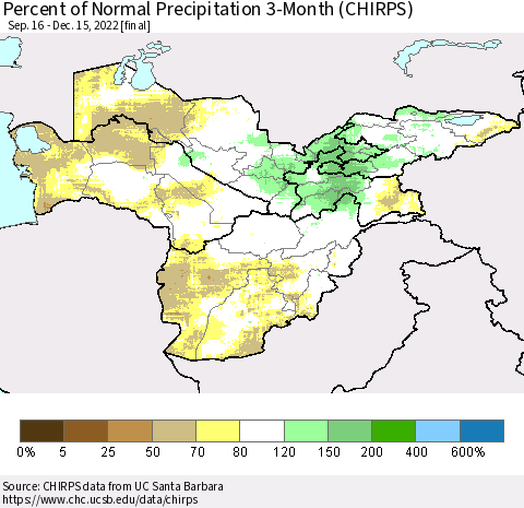 Central Asia Percent of Normal Precipitation 3-Month (CHIRPS) Thematic Map For 9/16/2022 - 12/15/2022