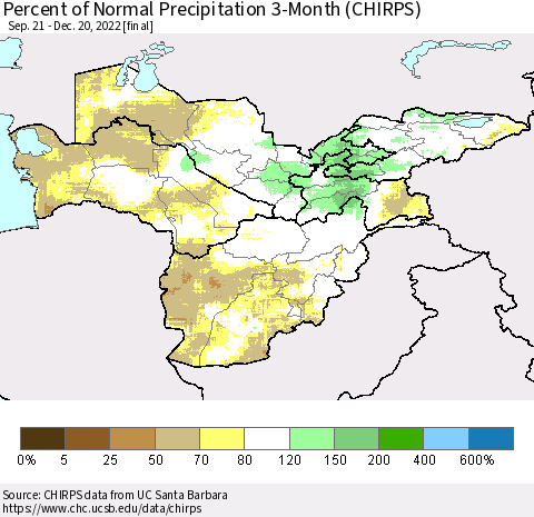 Central Asia Percent of Normal Precipitation 3-Month (CHIRPS) Thematic Map For 9/21/2022 - 12/20/2022