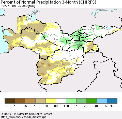 Central Asia Percent of Normal Precipitation 3-Month (CHIRPS) Thematic Map For 9/26/2022 - 12/25/2022