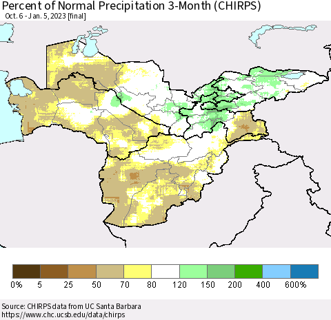 Central Asia Percent of Normal Precipitation 3-Month (CHIRPS) Thematic Map For 10/6/2022 - 1/5/2023