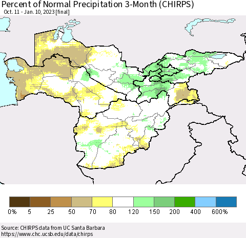Central Asia Percent of Normal Precipitation 3-Month (CHIRPS) Thematic Map For 10/11/2022 - 1/10/2023