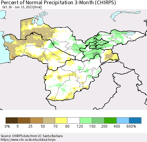 Central Asia Percent of Normal Precipitation 3-Month (CHIRPS) Thematic Map For 10/16/2022 - 1/15/2023