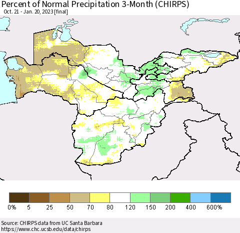 Central Asia Percent of Normal Precipitation 3-Month (CHIRPS) Thematic Map For 10/21/2022 - 1/20/2023