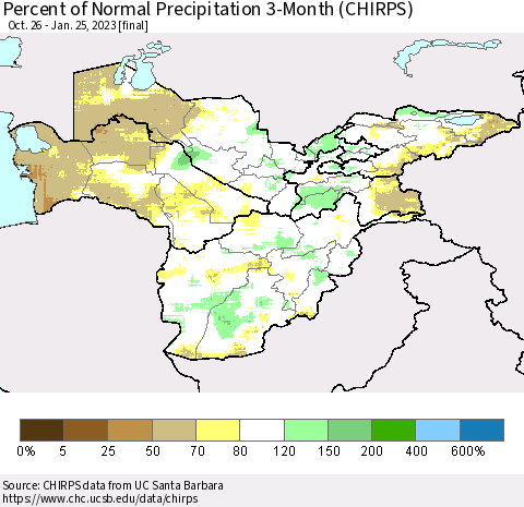 Central Asia Percent of Normal Precipitation 3-Month (CHIRPS) Thematic Map For 10/26/2022 - 1/25/2023