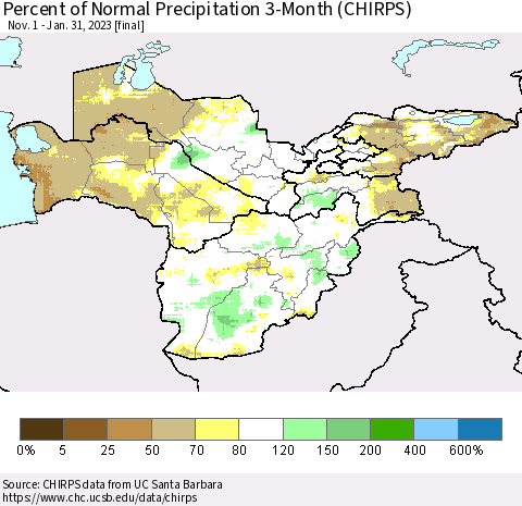 Central Asia Percent of Normal Precipitation 3-Month (CHIRPS) Thematic Map For 11/1/2022 - 1/31/2023