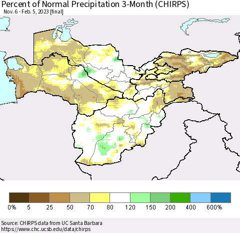 Central Asia Percent of Normal Precipitation 3-Month (CHIRPS) Thematic Map For 11/6/2022 - 2/5/2023