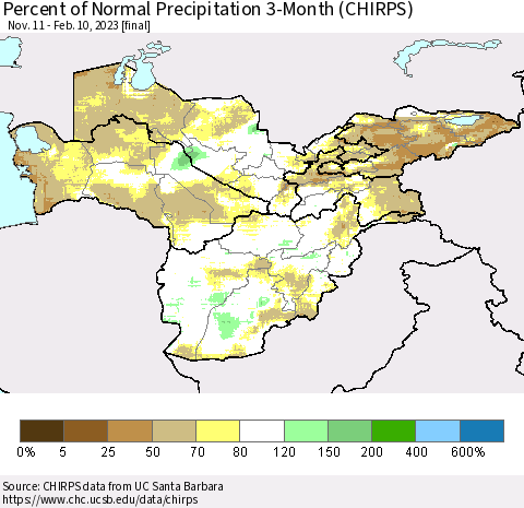 Central Asia Percent of Normal Precipitation 3-Month (CHIRPS) Thematic Map For 11/11/2022 - 2/10/2023