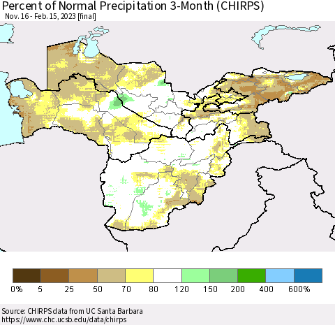 Central Asia Percent of Normal Precipitation 3-Month (CHIRPS) Thematic Map For 11/16/2022 - 2/15/2023