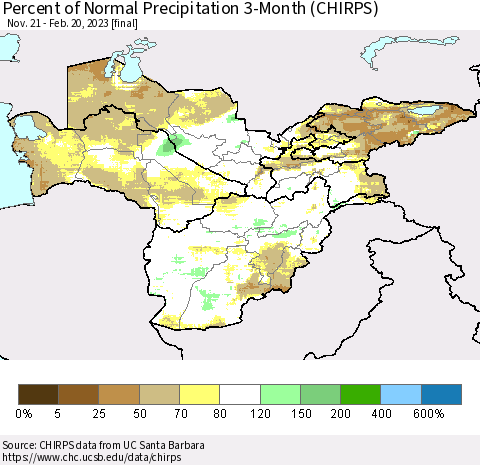 Central Asia Percent of Normal Precipitation 3-Month (CHIRPS) Thematic Map For 11/21/2022 - 2/20/2023