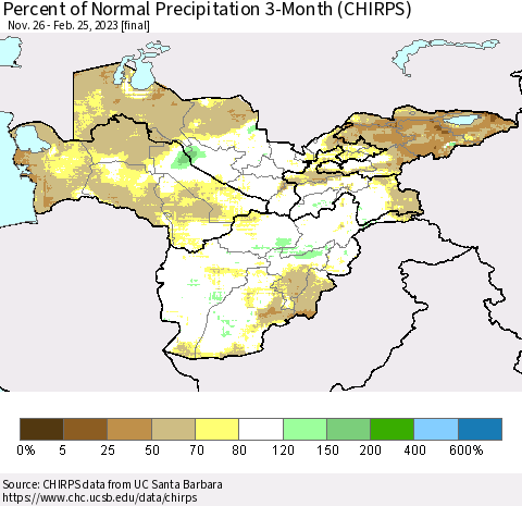 Central Asia Percent of Normal Precipitation 3-Month (CHIRPS) Thematic Map For 11/26/2022 - 2/25/2023