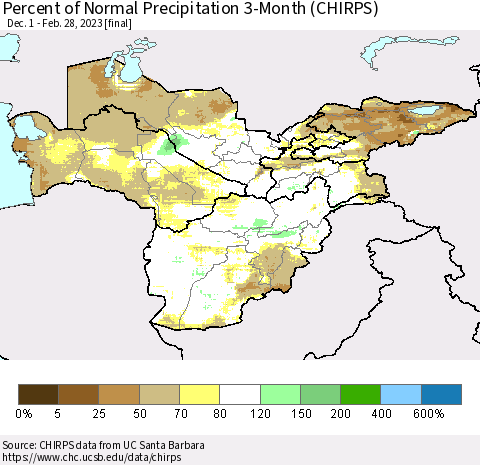 Central Asia Percent of Normal Precipitation 3-Month (CHIRPS) Thematic Map For 12/1/2022 - 2/28/2023