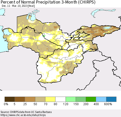Central Asia Percent of Normal Precipitation 3-Month (CHIRPS) Thematic Map For 12/11/2022 - 3/10/2023