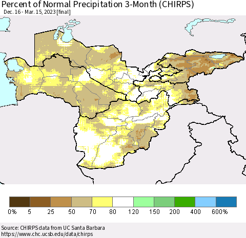 Central Asia Percent of Normal Precipitation 3-Month (CHIRPS) Thematic Map For 12/16/2022 - 3/15/2023