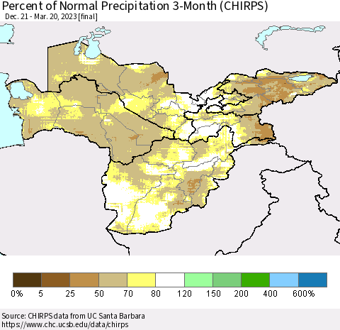 Central Asia Percent of Normal Precipitation 3-Month (CHIRPS) Thematic Map For 12/21/2022 - 3/20/2023