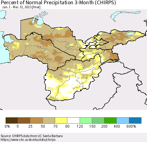 Central Asia Percent of Normal Precipitation 3-Month (CHIRPS) Thematic Map For 1/1/2023 - 3/31/2023