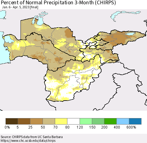 Central Asia Percent of Normal Precipitation 3-Month (CHIRPS) Thematic Map For 1/6/2023 - 4/5/2023