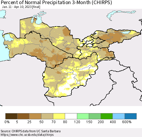Central Asia Percent of Normal Precipitation 3-Month (CHIRPS) Thematic Map For 1/11/2023 - 4/10/2023