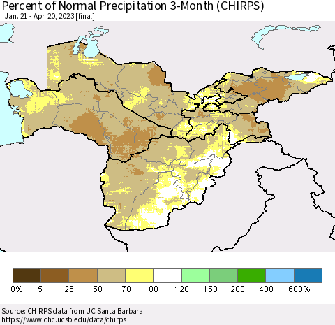 Central Asia Percent of Normal Precipitation 3-Month (CHIRPS) Thematic Map For 1/21/2023 - 4/20/2023