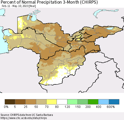 Central Asia Percent of Normal Precipitation 3-Month (CHIRPS) Thematic Map For 2/11/2023 - 5/10/2023