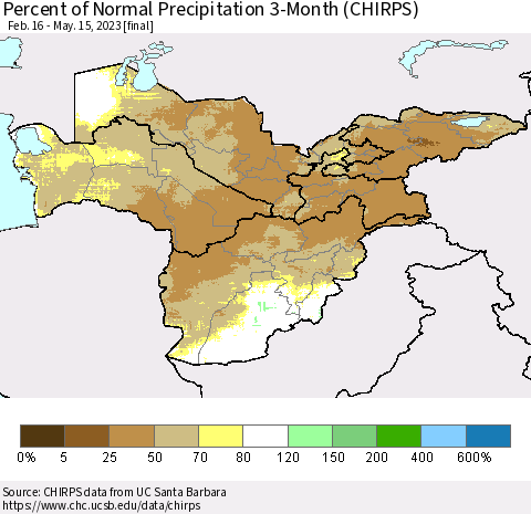 Central Asia Percent of Normal Precipitation 3-Month (CHIRPS) Thematic Map For 2/16/2023 - 5/15/2023