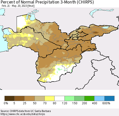 Central Asia Percent of Normal Precipitation 3-Month (CHIRPS) Thematic Map For 2/21/2023 - 5/20/2023