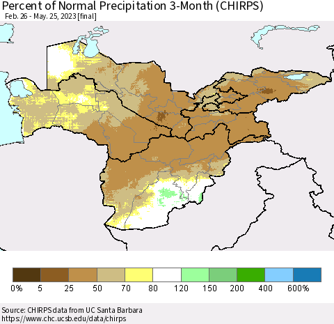 Central Asia Percent of Normal Precipitation 3-Month (CHIRPS) Thematic Map For 2/26/2023 - 5/25/2023
