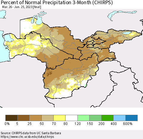 Central Asia Percent of Normal Precipitation 3-Month (CHIRPS) Thematic Map For 3/26/2023 - 6/25/2023