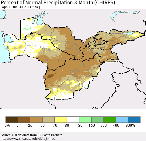 Central Asia Percent of Normal Precipitation 3-Month (CHIRPS) Thematic Map For 4/1/2023 - 6/30/2023