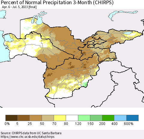Central Asia Percent of Normal Precipitation 3-Month (CHIRPS) Thematic Map For 4/6/2023 - 7/5/2023
