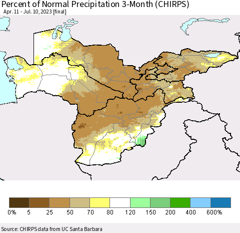 Central Asia Percent of Normal Precipitation 3-Month (CHIRPS) Thematic Map For 4/11/2023 - 7/10/2023