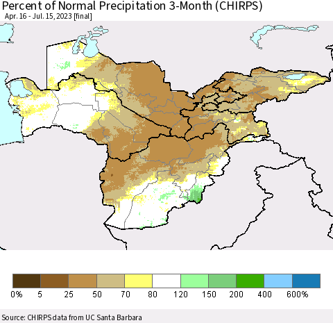 Central Asia Percent of Normal Precipitation 3-Month (CHIRPS) Thematic Map For 4/16/2023 - 7/15/2023
