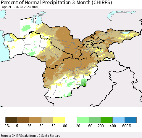 Central Asia Percent of Normal Precipitation 3-Month (CHIRPS) Thematic Map For 4/21/2023 - 7/20/2023