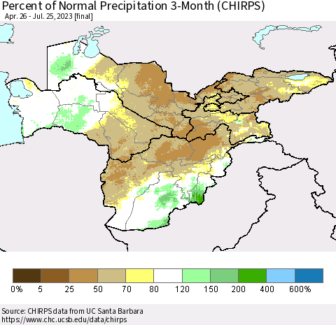 Central Asia Percent of Normal Precipitation 3-Month (CHIRPS) Thematic Map For 4/26/2023 - 7/25/2023