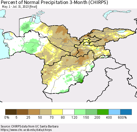 Central Asia Percent of Normal Precipitation 3-Month (CHIRPS) Thematic Map For 5/1/2023 - 7/31/2023