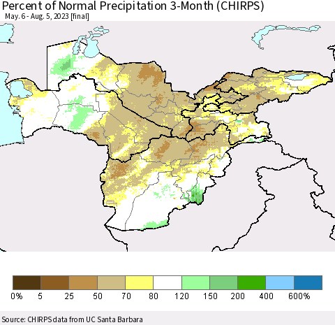 Central Asia Percent of Normal Precipitation 3-Month (CHIRPS) Thematic Map For 5/6/2023 - 8/5/2023