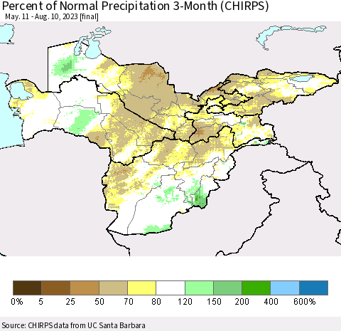 Central Asia Percent of Normal Precipitation 3-Month (CHIRPS) Thematic Map For 5/11/2023 - 8/10/2023