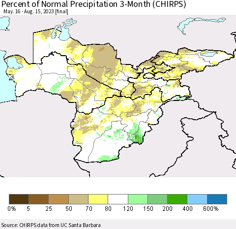 Central Asia Percent of Normal Precipitation 3-Month (CHIRPS) Thematic Map For 5/16/2023 - 8/15/2023