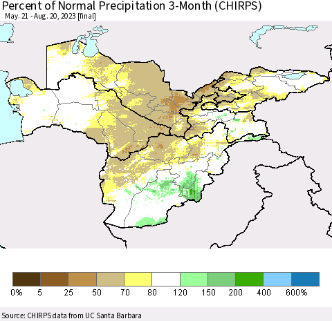 Central Asia Percent of Normal Precipitation 3-Month (CHIRPS) Thematic Map For 5/21/2023 - 8/20/2023