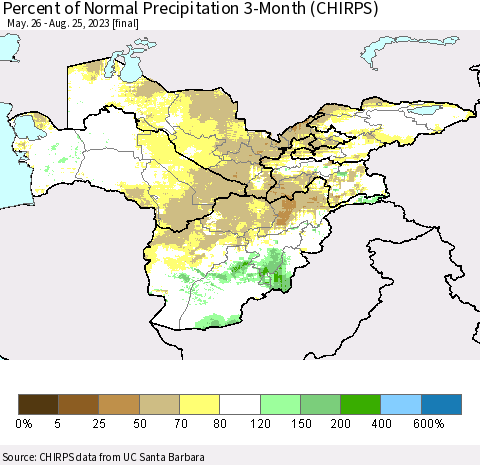 Central Asia Percent of Normal Precipitation 3-Month (CHIRPS) Thematic Map For 5/26/2023 - 8/25/2023