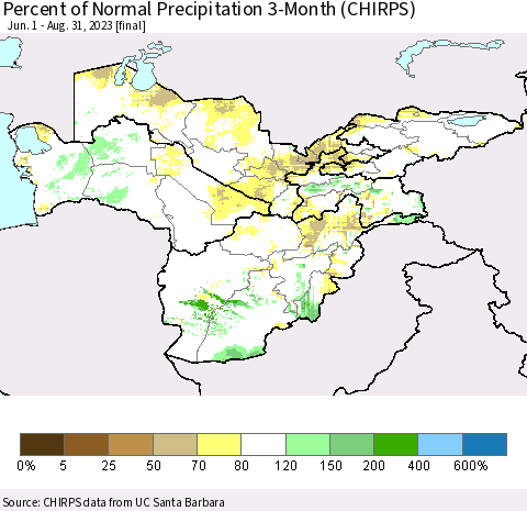 Central Asia Percent of Normal Precipitation 3-Month (CHIRPS) Thematic Map For 6/1/2023 - 8/31/2023